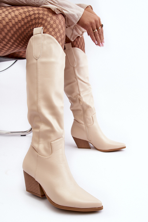 Жіночі ковбойські чоботи на каблуці світло-бежеві Kaspella