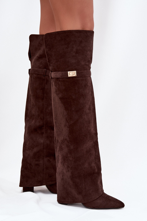 Теплі чоботи з загнутим верхом Над коліном каблук колона шоколадні Serelle