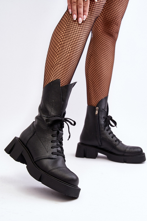 Жіночі шкіряні ботильйони Workery на масивному плоскому каблуці Zazoo 976A Чорні