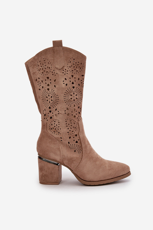 Жіночі ковбойські чоботи з перфорацією на каблуці Екозамшеві бежеві S.Barski HY42-028