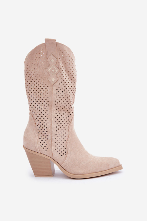 Перфоровані Ковбойські Черевики На Каблуку Світло-бежеві Salive