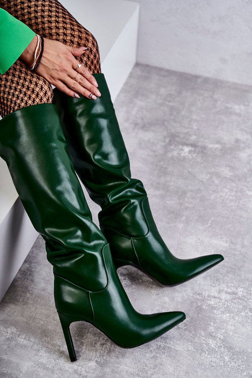 Шкіряні Чоботи На Шпильці Зелена Риса