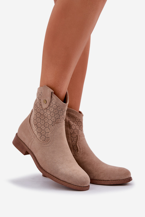 Перфоровані Чоботи На Плоскому Каблуці S.Barski HY51-063 Бежеві