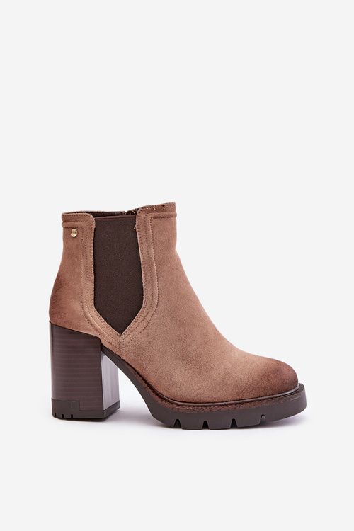 Теплі жіночі чоботи на підборах з еко замші бежевий Vinceza 58356