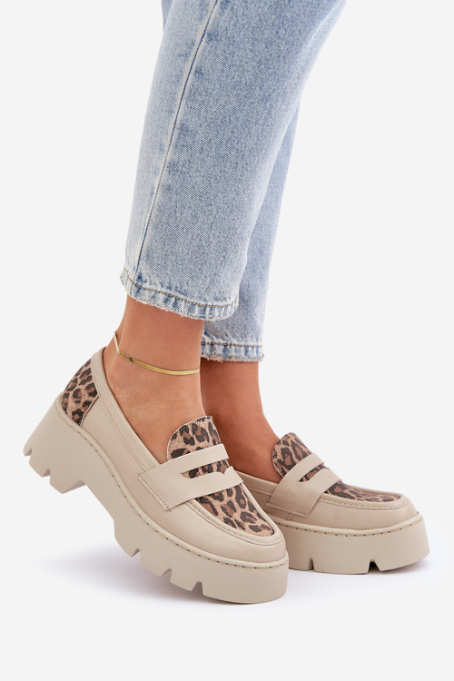 Шкіряні Жіночі Мокасини На Платформі І Плоскому Каблуці Леопардові Світло-бежеві Зазу 20191