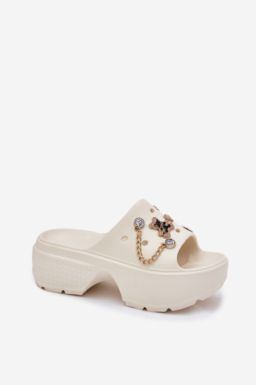Пінні жіночі тапочки на масивній платформі з золотими акцентами ecru Ivoriel