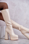 Модні шкіряні чоботи на масивному каблуці бежеві Meggie