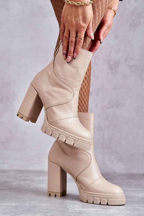 Шкіряні Чоботи На Високому Каблуці Бежеві Elia