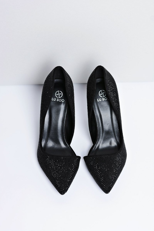 Жіночі асиметричні чорні замшеві туфлі на шпильці з циркону