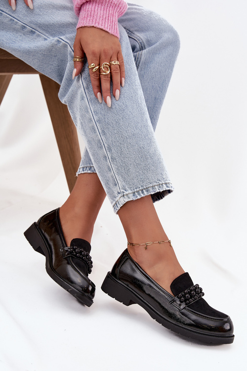 Жіночі лаковані мокасини з намистинами S.Barski HY52-541 Чорні