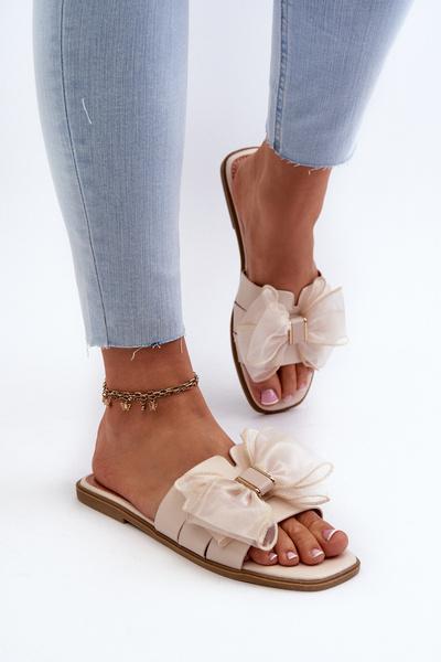 Жіночі тапочки на плоскій підошві з бантом Бежеві Балінда