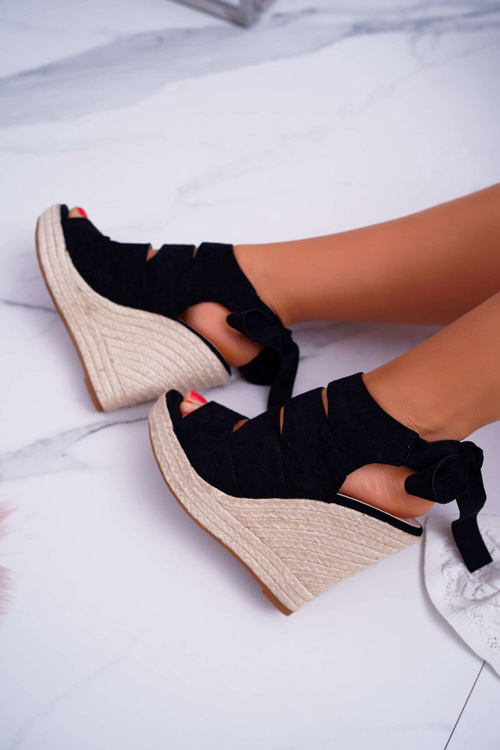 Жіночі босоніжки на анкерній лляній зав'язці чорного кольору Cantare