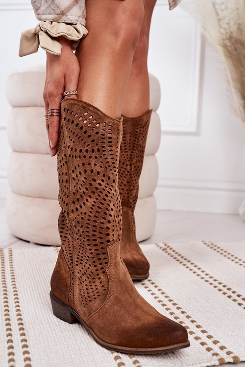 Весняні ажурні замшеві чоботи Exquisite 1229 Cognac