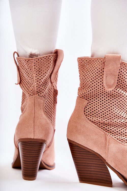 Жіночі замшеві ажурні чоботи ковбойські рожеві Eleonore