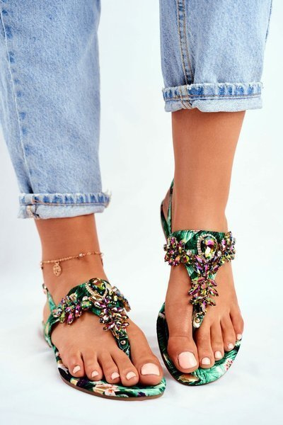 Жіночі босоніжки Елегантні шльопанці з кристалами зеленого кольору під контролем