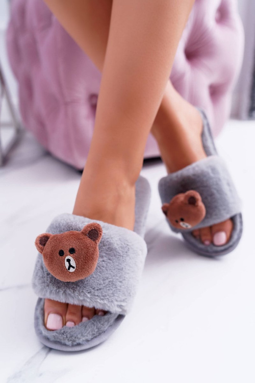 Жіночі сірі плюшеві шльопанці з ведмедиком Lu Boo