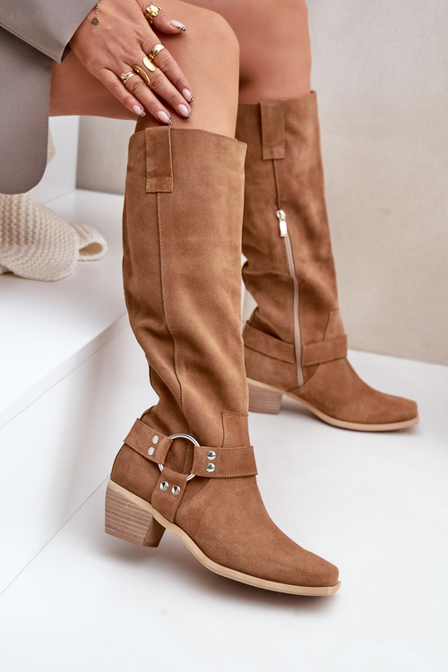 Замшеві Чоботи На Низькому Каблуці З Чоботом Над Коліном Zazoo 3444/O Camel