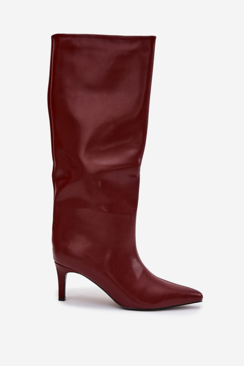 Жіночі чоботи на липучці з утепленням на каблуці бордово-оливковий