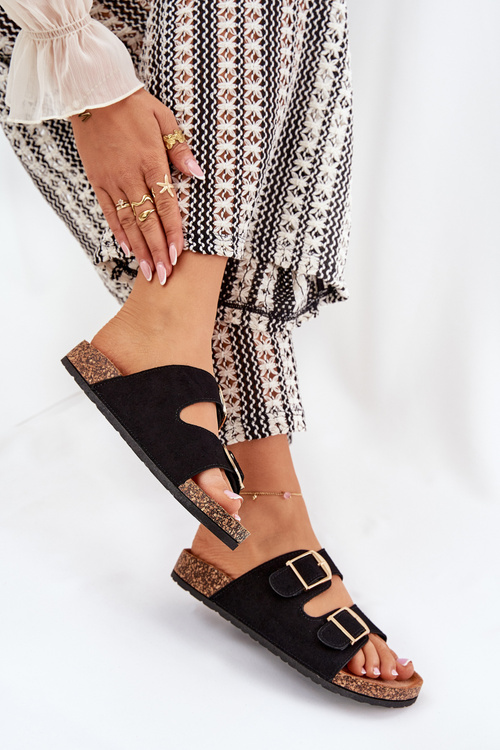 Жіночі сандалі на корковій платформі з золотими пряжками чорні Lisavionea