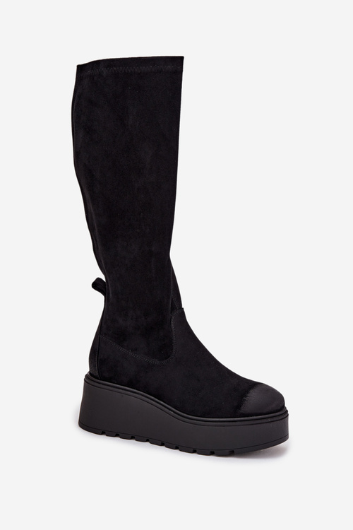 Жіночі високі чоботи на платформі та танкетці чорні Vinceza 58342
