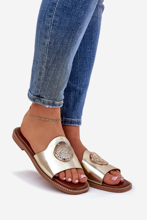 Еко Шкіряні Сандалі На Плоскому Каблуці З Декорацією Золотою Tatereia