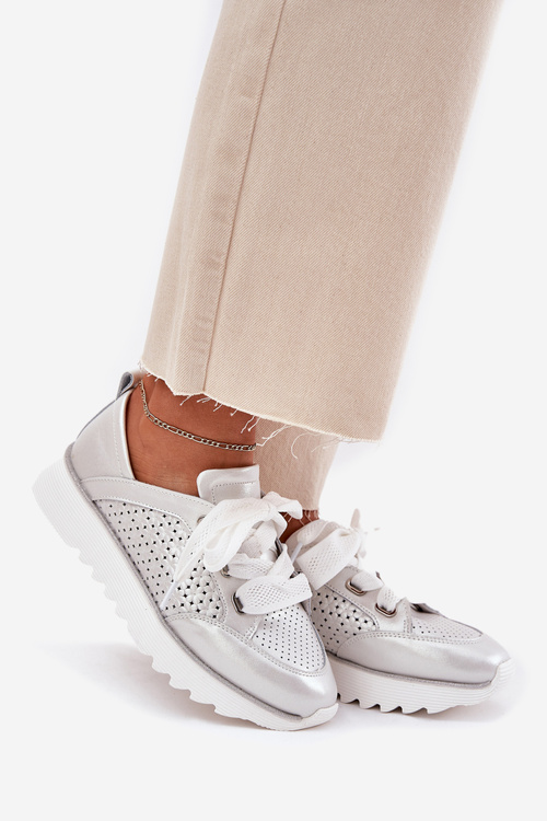 Жіночі Шкіряні Кросівки На Платформі D&A LR51-796 Сріблясті