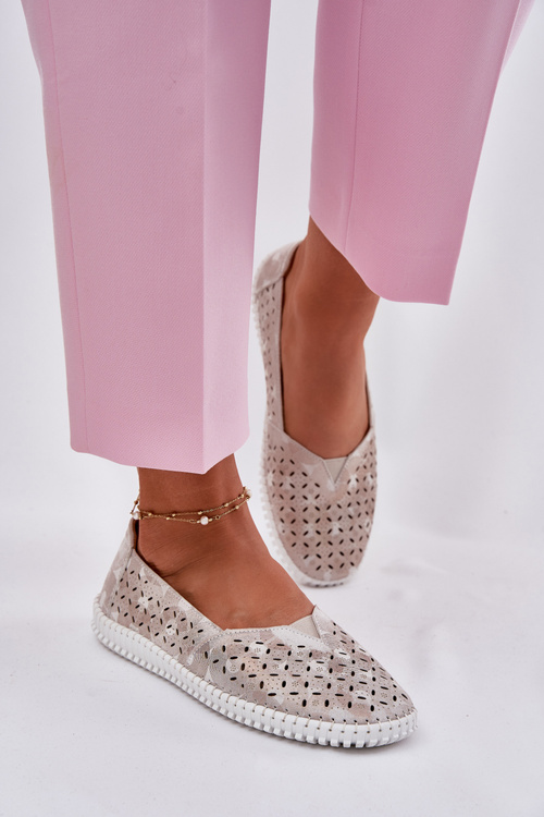 Замшеві жіночі напівчеревики з перфорацією золото-сірі Chulieta