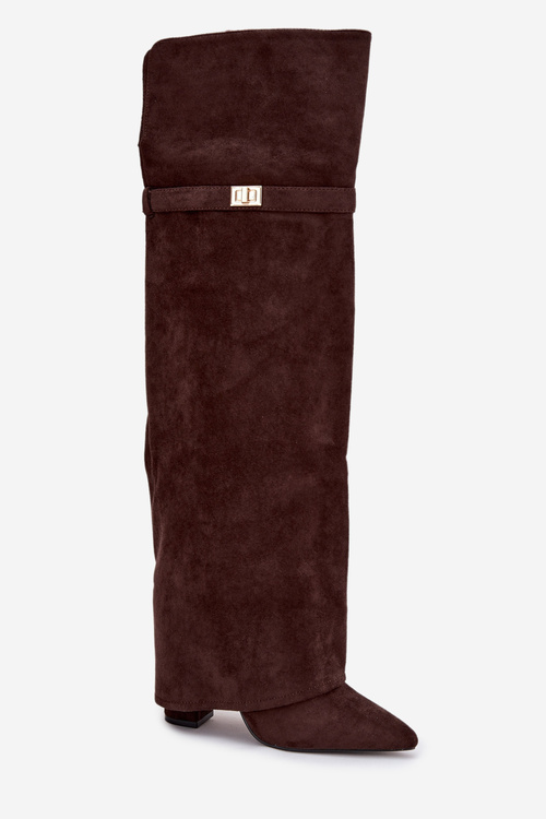 Теплі чоботи з загнутим верхом Над коліном каблук колона шоколадні Serelle