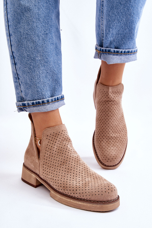 Замшеві ажурні чоботи на плоскій підошві Темно-бежеві Енджі