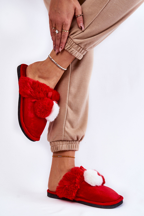 Жіночі тапочки з помпонами і хутром Red Sahira