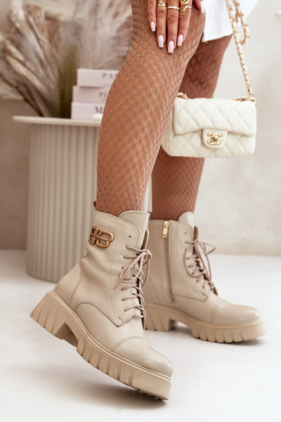 Zazoo 60486 Шкіряні ботильйони Робочі утеплені із золотими деталями світло-бежеві