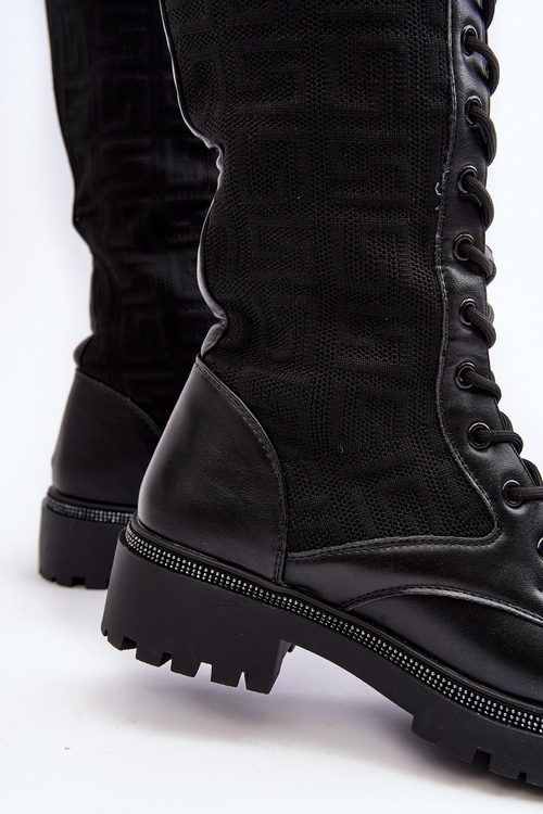 Жіночі чоботи на шнурівці з верхом на резинці чорного кольору Virxinia
