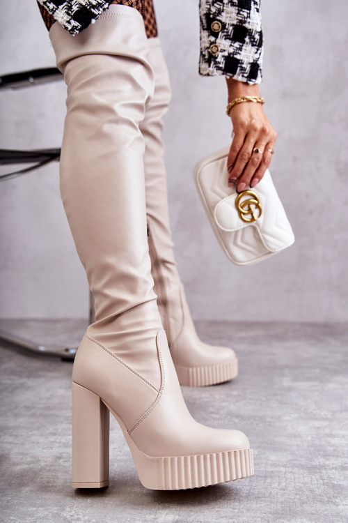 Шкіряні високі чоботи на платформі бежеві Katrina