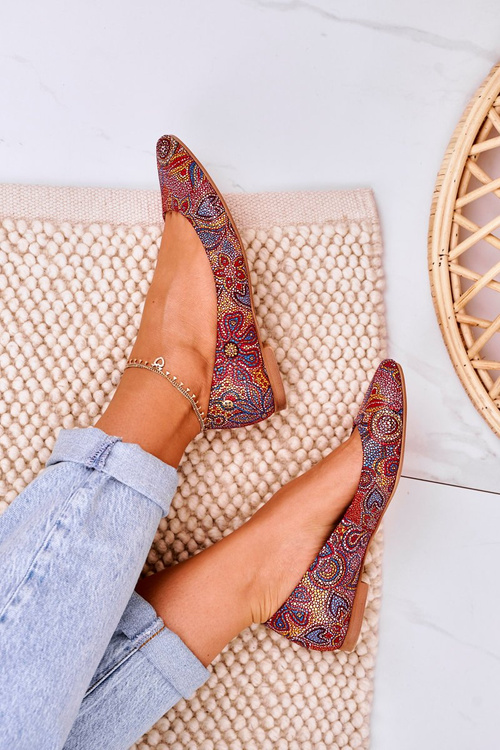 Жіночі шкіряні балетки червоні з квітами 04100-38