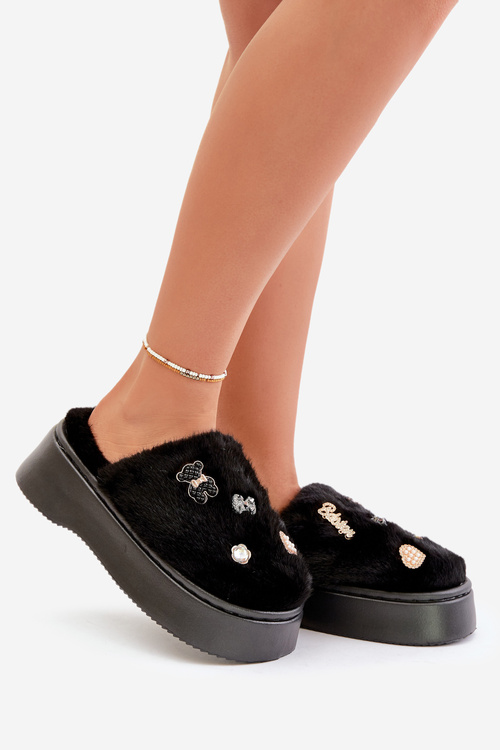 Жіночі хутряні тапочки на товстій підошві зі шпильками Чорна цинторія