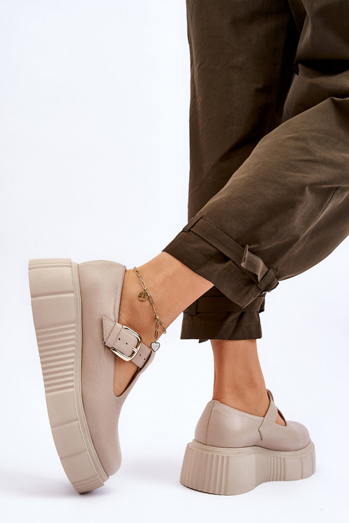 Бежеві стильні шкіряні лофери Zazoo 20102 на масивній платформі