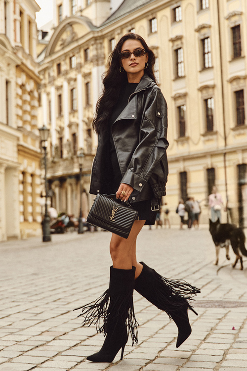 Жіночі чоботи на підборах з бахромою чорні Isalune