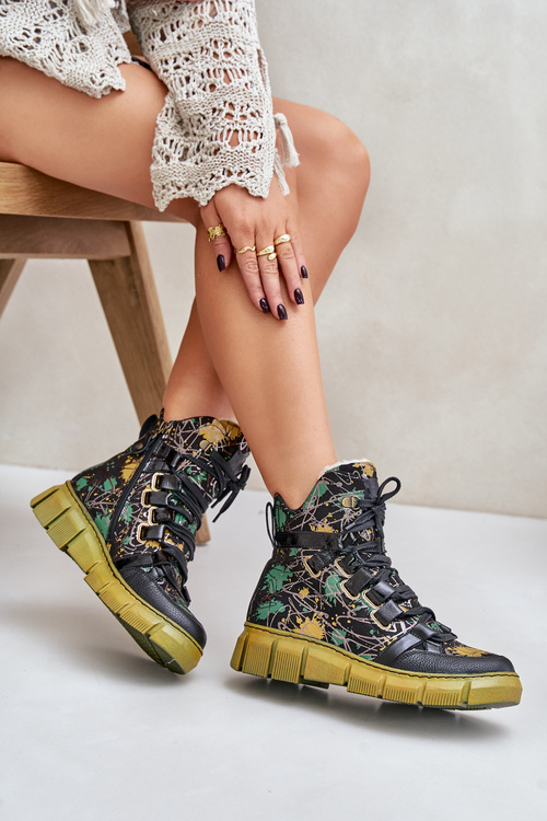 Шкіряні плоскі черевики на шнурівці Maciejka 06158-07 жовто-чорні