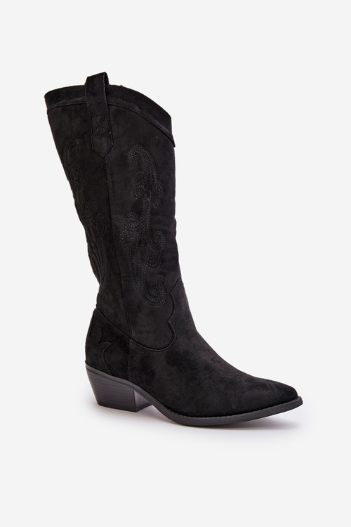 Жіночі ковбойські чоботи на низькому каблуці з чорної екозамші Ligelia