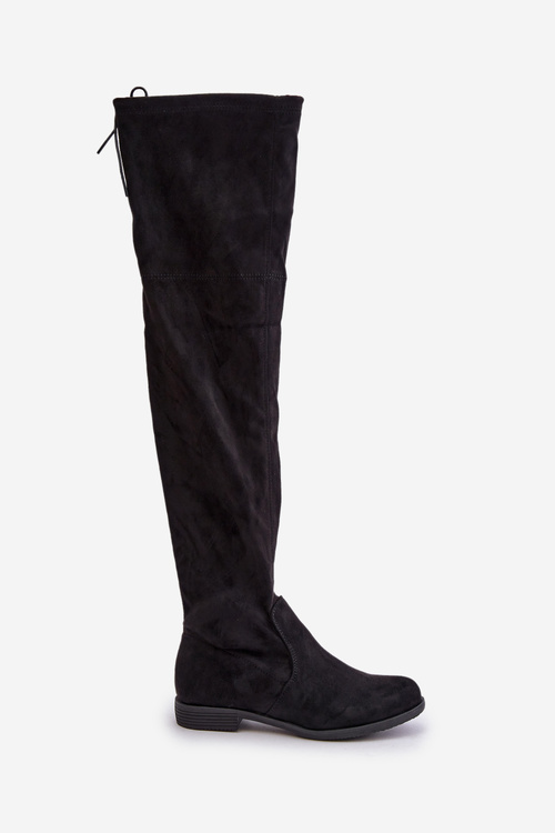 Високі чоботи на плоскій підошві з еко-замші чорного кольору Linnithia