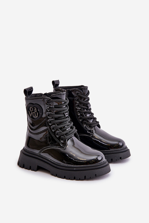 Лаковані чоботи для дівчаток утеплені хутром на блискавці чорного кольору Evaliraea