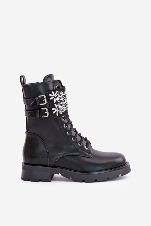 Утеплені робочі черевики з декоративним ремінцем і пряжками чорного кольору Viveria