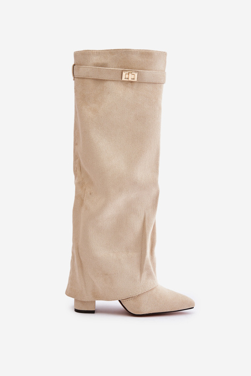 Утеплені світло-бежеві чоботи на підборах зі складеною халявою Urelli