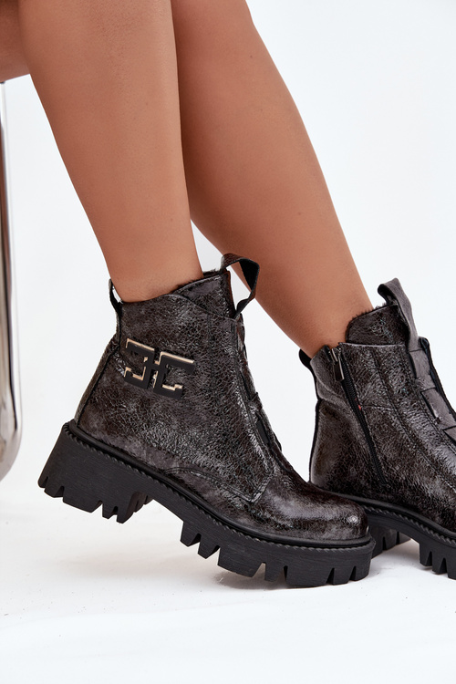 Шкіряні лаковані жіночі черевики з оздобленням ізоляційні Artiker 57C2081 графітові