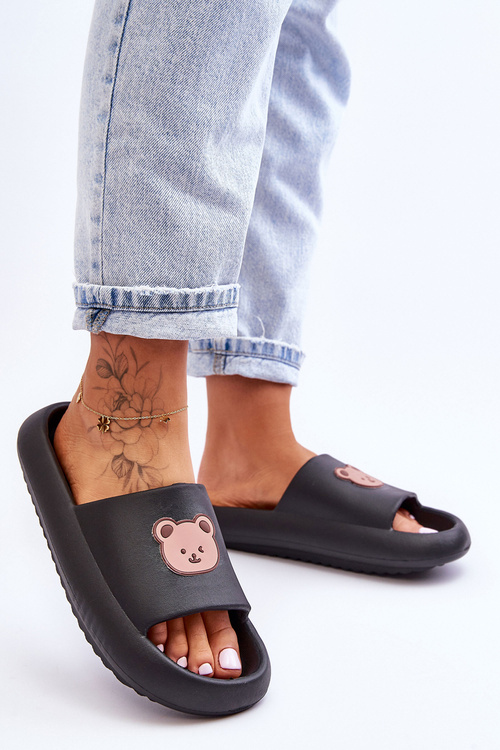 Легкі жіночі поролонові тапочки з плюшевим ведмедиком Black Lia