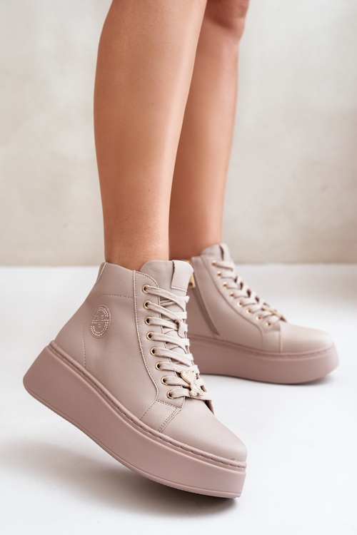Високі жіночі шкіряні кросівки на платформі Vinceza 66707 Бежеві