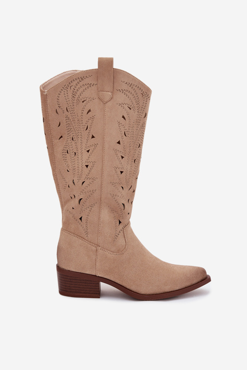 Ковбойські Чоботи З Перфорованим Візерунком На Низькому Каблуці Бежеві Selirae