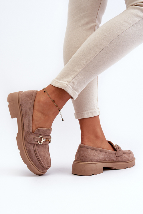 Жіночі лофери із золотистим декором з еко-замші коричневого кольору Lighas