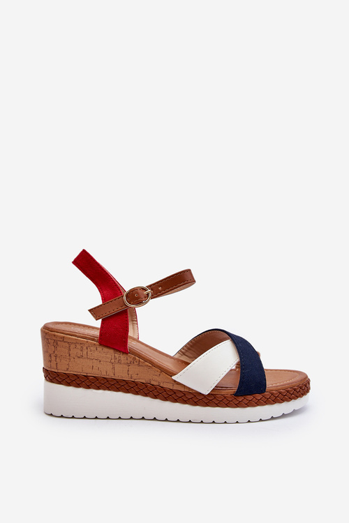 Босоніжки на танкетці з білими та темно-синіми ремінцями Kioda