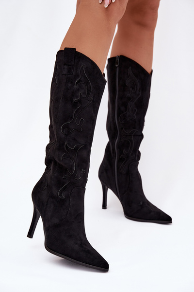 Жіночі чоботи на підборах ковбойки з еко замшу чорні Belonia